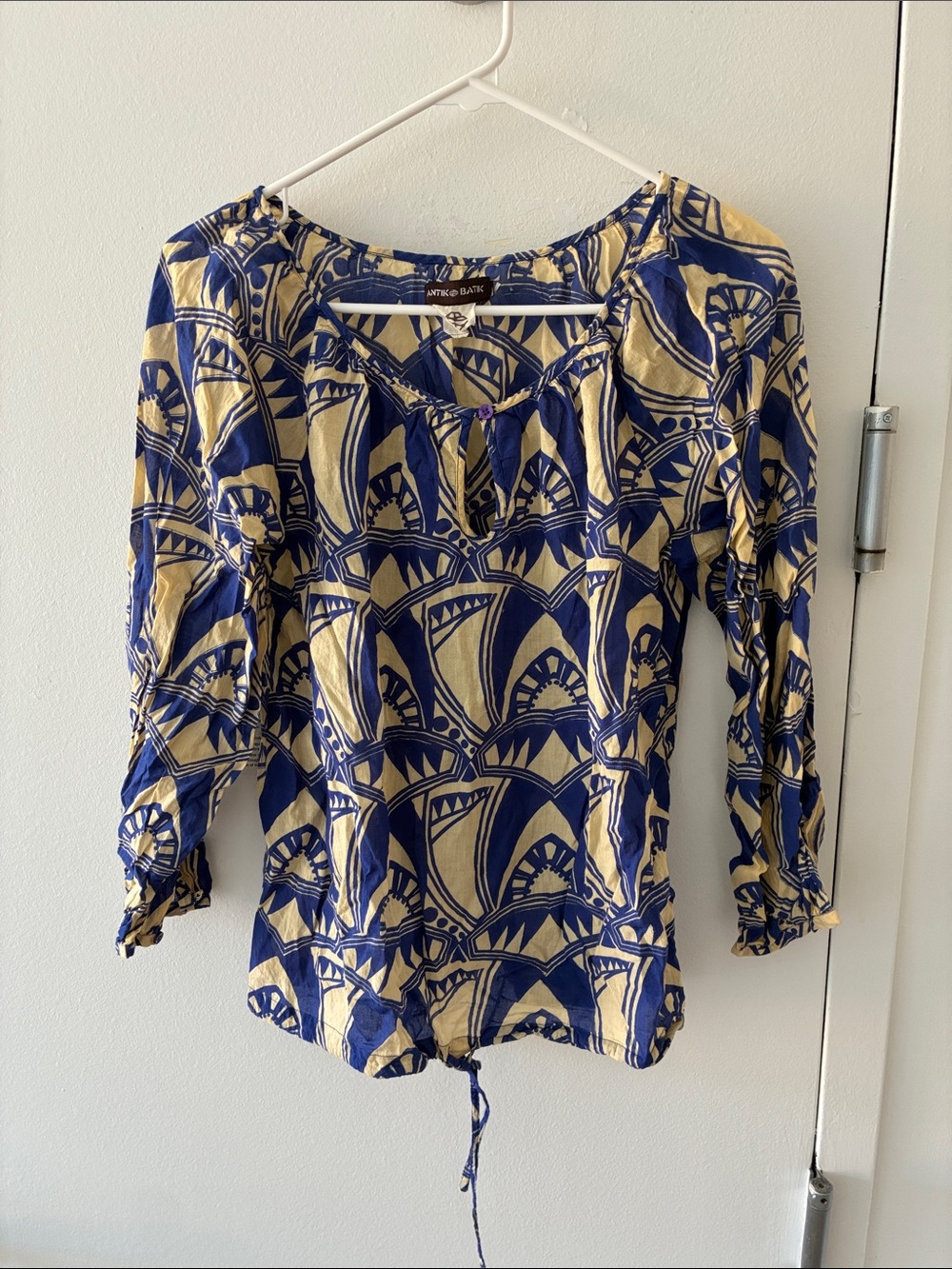 Antik Batik Navy and Cream Printed Peasant Top